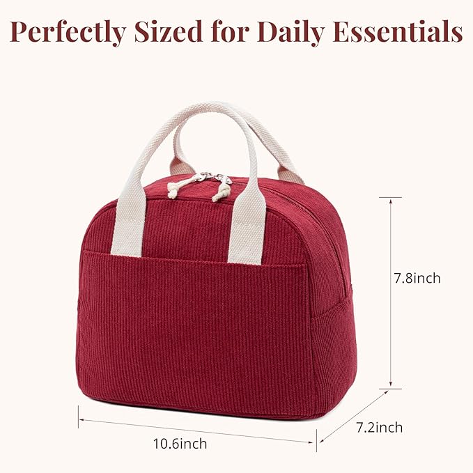 LOVELYWIND Insulated Lunch Bag for Women Men, Stylish Corduroy Tote Bag with Aluminum Lining, Large Capacity Reusable Cooler for Work, Travel, or Beach, Wine Red Lunch Box