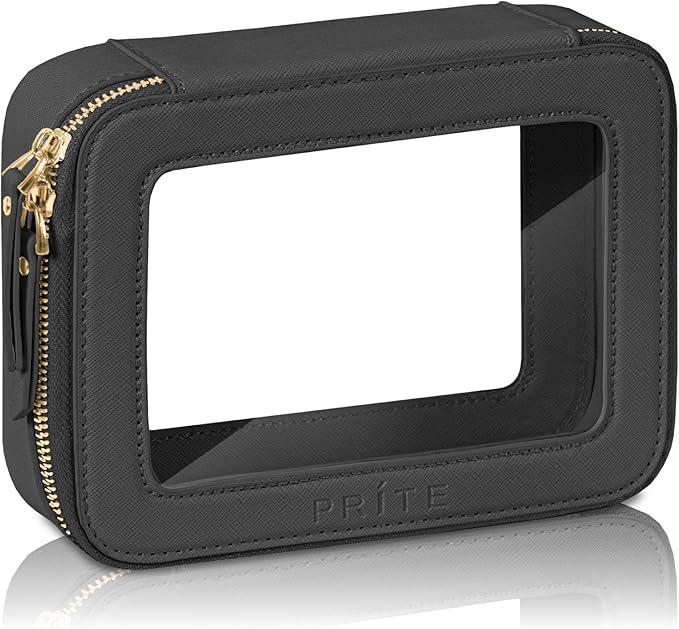 Prite Clear Makeup Bag Cosmetic Organizer Case Waterproof Travel Toiletry Bag Skincare Pouch with Golden Zipper (Black)