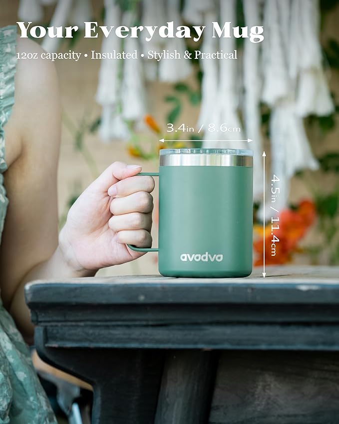 12oz Insulated Coffee Mug with Lid – Includes Two Lids, Stainless Steel Coffee Travel Mug with Handle, Double Wall Vacuum Insulated Camping Mug for Home, Office & Outdoor, Sage Green
