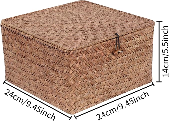 Wicker Shelf Baskets with Lid, Handwoven Seagrass Storage Basket Bins Square Gift Boxes for Shelves Home Decor Organizer (Coffee, Medium)