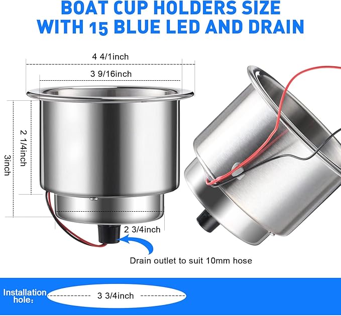 Yexiya 6 Pcs LED Cup Holder Marine Drink Holder Stainless Steel Cup Holders Insert with Drain for Boat Yacht Car Camper Truck RV(Blue)