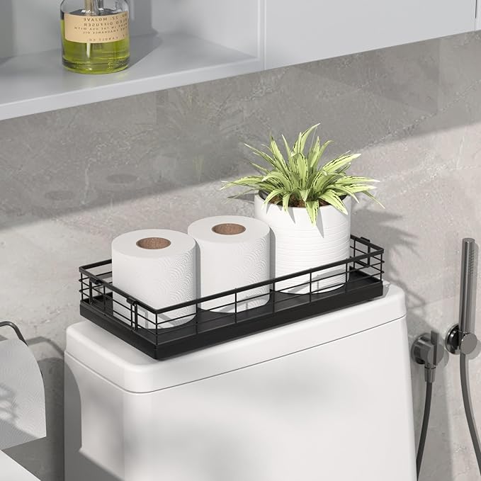 Toilet Paper Basket, 13 Inch Oak and Iron Tank Tray Top of Toilet Storage Toiletries Organizer for Bathroom, Living Room and Kitchen (Black)