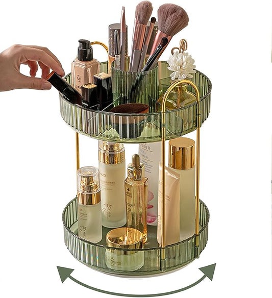 360 Rotating Makeup Organizer, 2 Tier Large Capacity Make Up Organizers and Storage, Skincare Perfume Vanity Organizers, Bathroom Cosmetics Storage Organizer Countertop (Green)