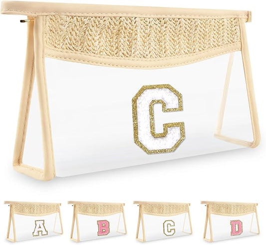 Personalized Initial Letter Bag Boho Straw Clear Makeup Bag, Small Cute Chenille Varsity Letter Bag With Zipper, Beach Travel Toiletry Bag, Portable Monogrammed Cosmetic Bag for Women Girls, C