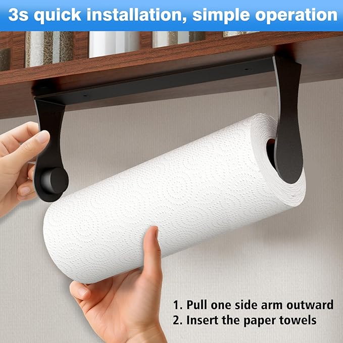 Paper Towel Holder Under Cabinet, Adhesive or Screw Mount, Fits Standard & Mega Rolls, Wall Mount Rack for Kitchen, Bathroom, RV, Black