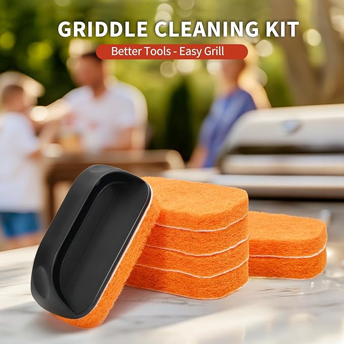 Griddle Cleaning Kit for Blackstone – Grill Stone, Non-Scratch Scouring Pads, Heavy-Duty Scraper & Ergonomic Handles – Flat Top Grill Accessories (8PCS Orange)