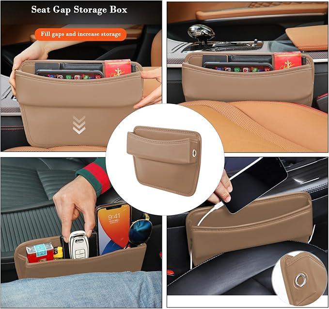 Car Seat Gap Organizer, PU Leather Seat Gap Storage Box for Phone, Wallet, Keys, Sunglasses, Universal Car Seat Side Organizer (Beige)