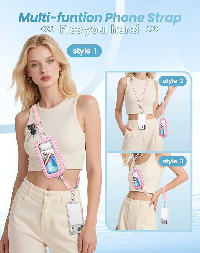 SHANSHUI Clip and Go Phone Lanyard Wallet, Hands-Free Crossbody Strap with Zipper Pocket & ID Window, Includes 2 Metal Tether Pads for Phones, Keys, Earphones, Accessories, Pink