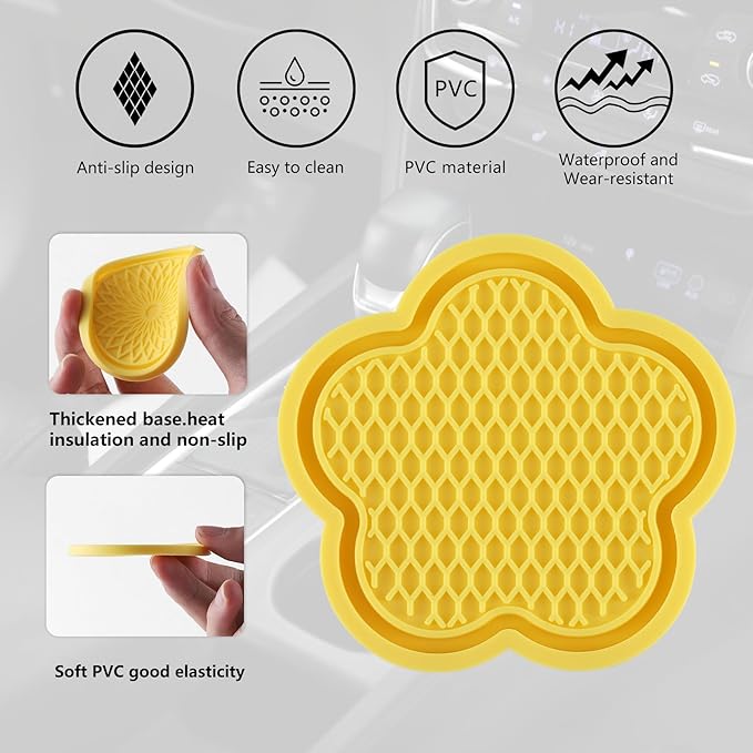 GaRhomxy Car Cup Holder Coaster, Universal Non-Slip Recessed Flower Shaped Cup Holders, Cute Car Accessories Interior for Women and Man Interior Sets 4 Pack (Yellow)