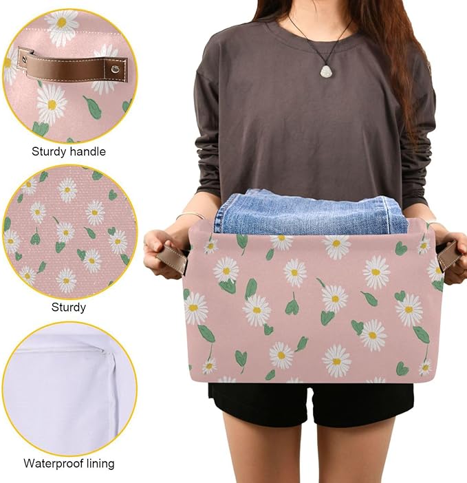 Aslsiy Storage Basket Daisy Spring Daisy Flower Nursery Bins Baby Box Canvas Clothes Shelf Basket Laundry Hamper Gift Baskets for Home Closet 1 Pcs