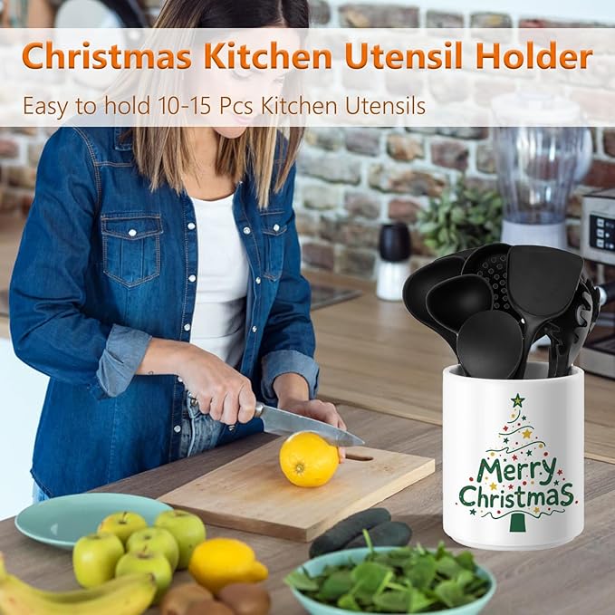 Christmas Utensil Holder Ceramic Cooking Utensil Holder for Kitchen Counter Green Xmas Tree Utensils Holder, Large Spatula Holder Glossy White Christmas Gift Kitchen Decor （6.5”H x 5.5”D）