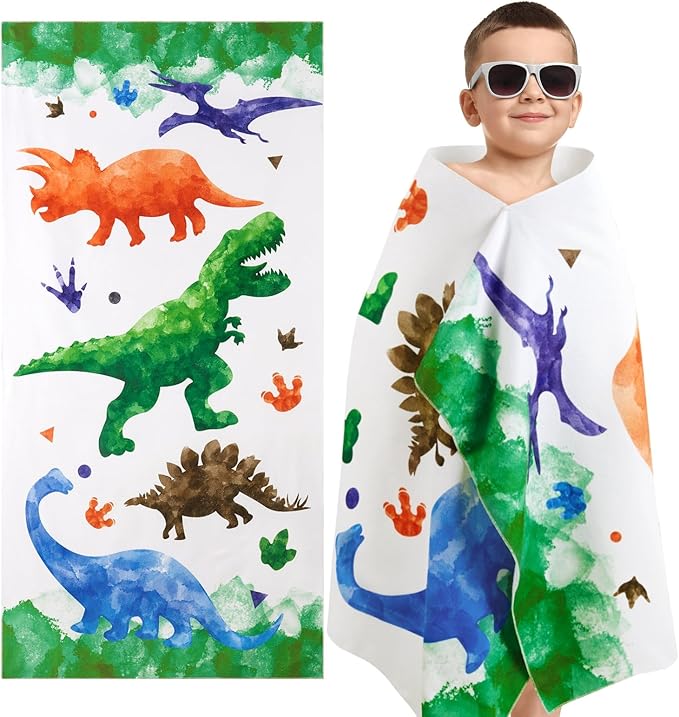 WERNNSAI Dinosaur Kids Beach Towel for Boys - 30” x 60” Pool Towels Personalized Beach Towels for Boys Kids Quick Dry Ultra Absorbent Super Soft Beach Blanket Camping Travel Swimming Bath Shower Towel