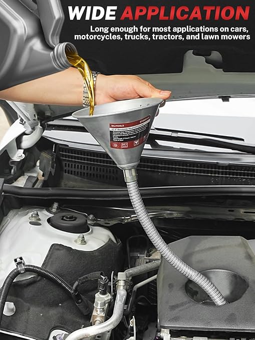 BILITOOLS 26.2" Steel Flexible Oil Funnel with Filter for Automotive Use, Metal Bendable Spout Funnel for Oil Fluids Change, Long Funnels for Transmission Fluid