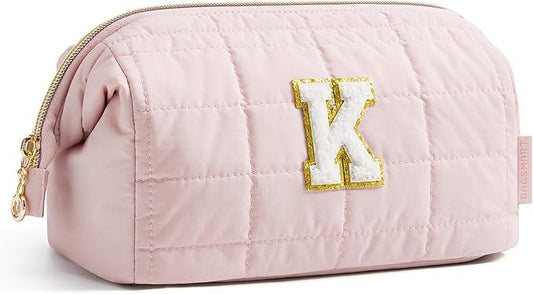 BAGSMART Birthday Gifts Personalized Initial Makeup Bag, Trendy Stuff Gifts for Women Bridesmaid Graduation, Puffy Padded Makeup Bags for Women, Wide-open Toiletry Bag, Pink K