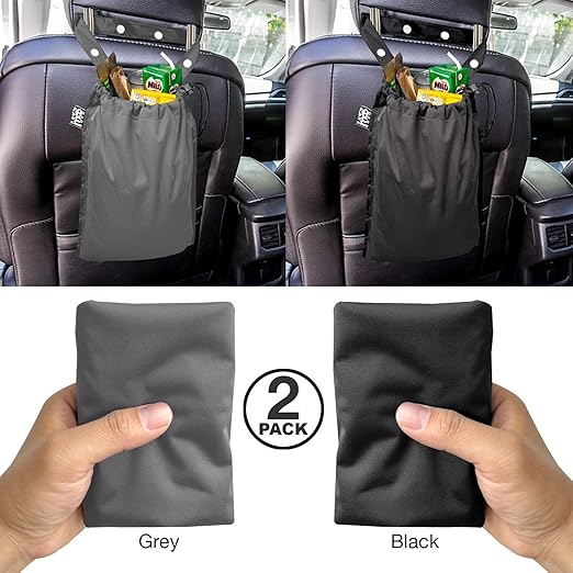 2 Pack Leakproof Car Trash Bags Detachable Waterproof Garbage Bags with Drawstring Hanging Organizer for Back Seat & Travel Grey & Black