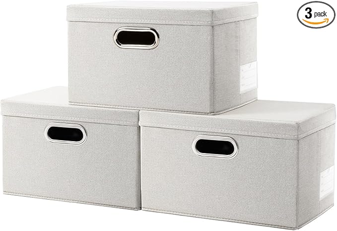PRANDOM Storage Bins with Lids [3-Pack] Linen Fabric Foldable Storage Boxes Organizer Containers Baskets Cube with Cover for Bedroom Closet Office Beige (11.4"x8.6"x6.7")