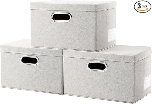 PRANDOM Storage Bins with Lids [3-Pack] Linen Fabric Foldable Storage Boxes Organizer Containers Baskets Cube with Cover for Bedroom Closet Office Beige (11.4"x8.6"x6.7")