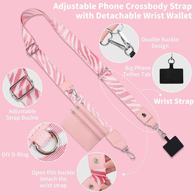 PUGPIU 2 Pack Clip and Go Strap for Phone with Wallet Crossbody - Phone Strap Crossbody with Zippered Pouch, Multifuctional Adjustable Cell Phone Lanyard for Going out