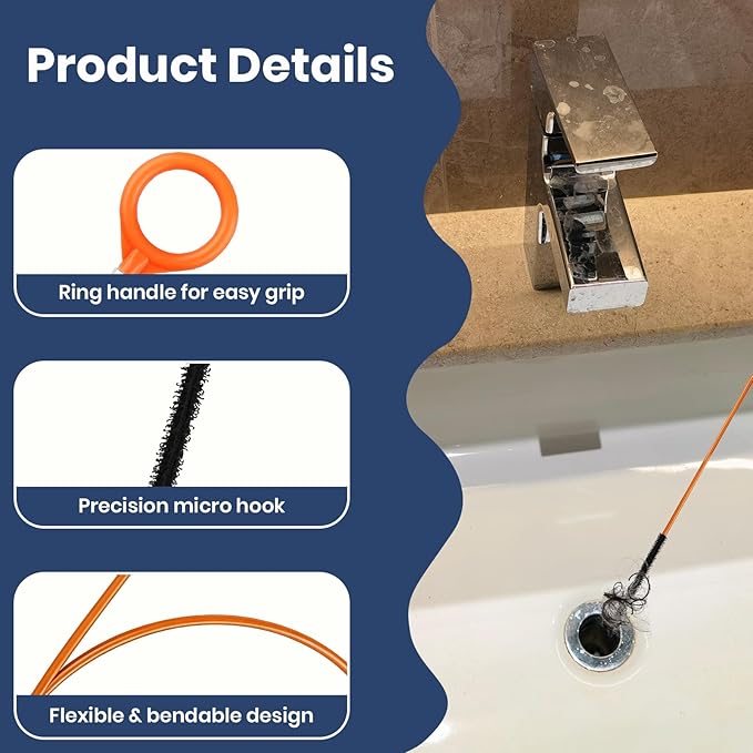 51 Inch Anti-Break Metal Drain Snake, Nylon-Coated Drain Clog Remover, Flexible Hair Blockage Cleaner Tool for Shower, Bathroom Sink & Tub, Reusable Pipe Unclogger for Home Use (6 Pack) (Orange)