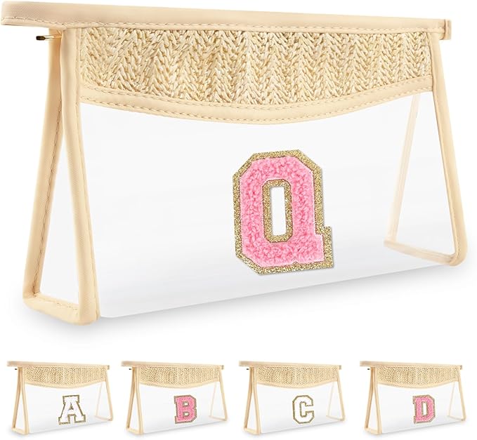 Small Boho Straw Initial Letter Makeup Bag Personalized Gift ,Cute Clear Chenille Patch Makeup Bag With Zipper,Trendy TSA Approved Travel Toiletry Bag,Gift for Women Girls Birthday Friend, Letter Q