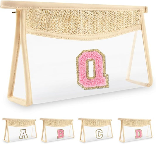 Small Boho Straw Initial Letter Makeup Bag Personalized Gift ,Cute Clear Chenille Patch Makeup Bag With Zipper,Trendy TSA Approved Travel Toiletry Bag,Gift for Women Girls Birthday Friend, Letter Q