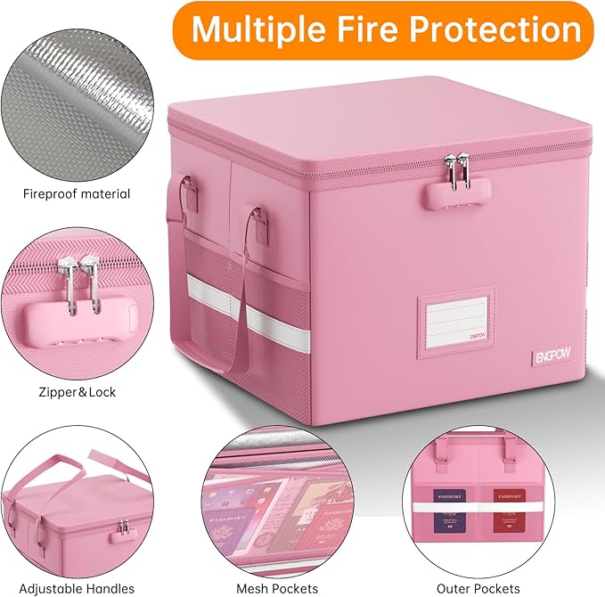 ENGPOW 5200°F File Box Fireproof Document Box with Lock, Heat Insulated Collapsible File Storage Organizer Box with Handle, Portable Home Office File Cabinet for Hanging Letter/Legal Size Folder, Pink
