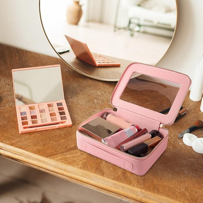 Aveniee Clear Makeup Bag Organizer Set,Portable Travel Toiletry Case for Women, Vegan Leather Cosmetic Pouch Car Bag for Essentials 2pcs,Middle & Large,Pink