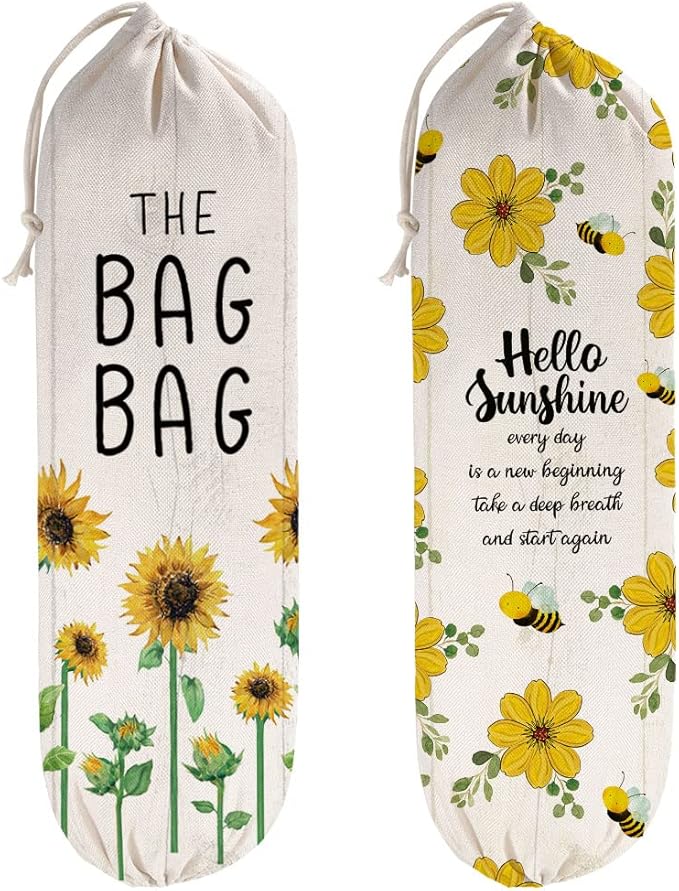 2Pcs Sunflower Plastic Bag Holder for Kitchen Essentials, Reusable Hanging Grocery Bag Organizer, Sunflower Gifts for Women, Washable Large Grocery Trash Bags Storage Dispenser