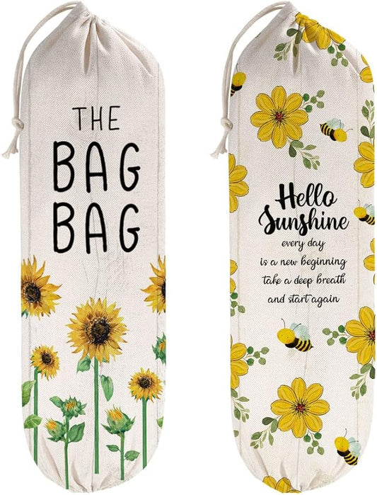 2Pcs Sunflower Plastic Bag Holder for Kitchen Essentials, Reusable Hanging Grocery Bag Organizer, Sunflower Gifts for Women, Washable Large Grocery Trash Bags Storage Dispenser