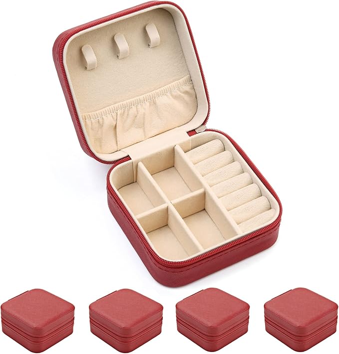 Mini Jewelry Case, Small Travel Jewelry Organizer, Portable Jewelry Box Mini Storage Organizer Display Box For Rings Earrings Necklaces (Red-4pcs)