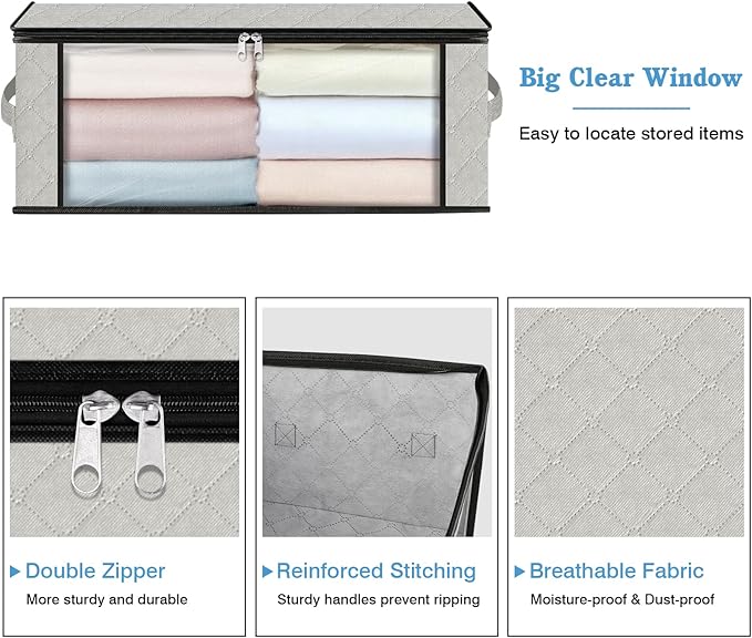 HomeHacks Storage 10-Pack Clothes Organizer Storage Bags Foldable Storage Box with Large Clear Window, Sturdy Handles for Closet, Dorm, Pillows, Bedding, Clothes, Blankets, 35L, Ivory