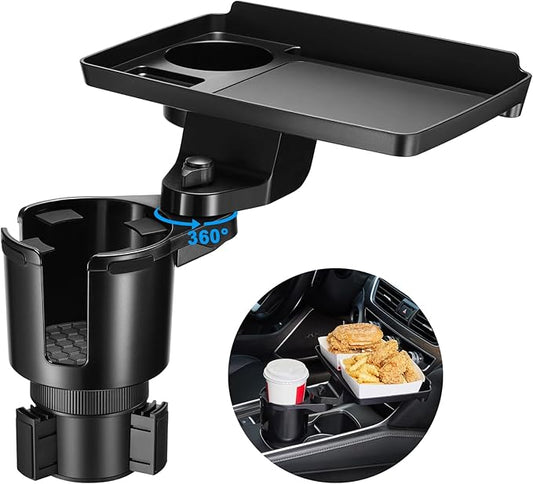 This Hill Cup Holder Tray for Car, 2 in 1 Detachable Car Food Table Tray with Solid Base & Phone Slot, Car Cup Holder Expander with 360°Rotation Tray for Travel Road Essentials