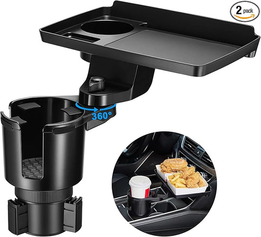 This Hill 2 Pack Cup Holder Tray for Car, 2 in 1 Detachable Car Food Table Tray with 3.93" Base & Phone Slot, Car Cup Holder Expander with 360°Rotation Tray for Travel Road Essentials Accessories