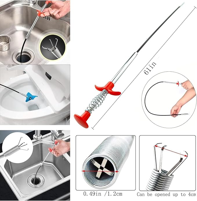 Drain Snake，Plumbing Drain Clog Remover, Gutter Cleaning Tools for Toilet Shower Kitchen Bathroom Tub, Clogged Drains Opener Cleaning Tool, Flexible Grabber Claw Pick Up Reacher (61 IN)