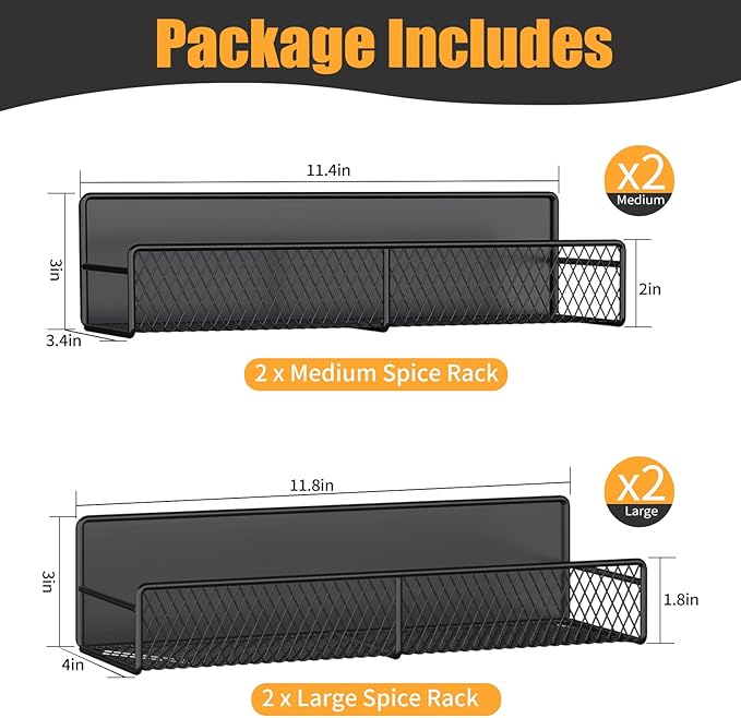 Magnetic Spice Rack for Refrigerator, 4 Pack 100% Metal Strong Magnet Fridge Shelves, Space Saving Spice Organizer, No Drilling Movable Home Kitchen Laundry Room Storage Organization, Black