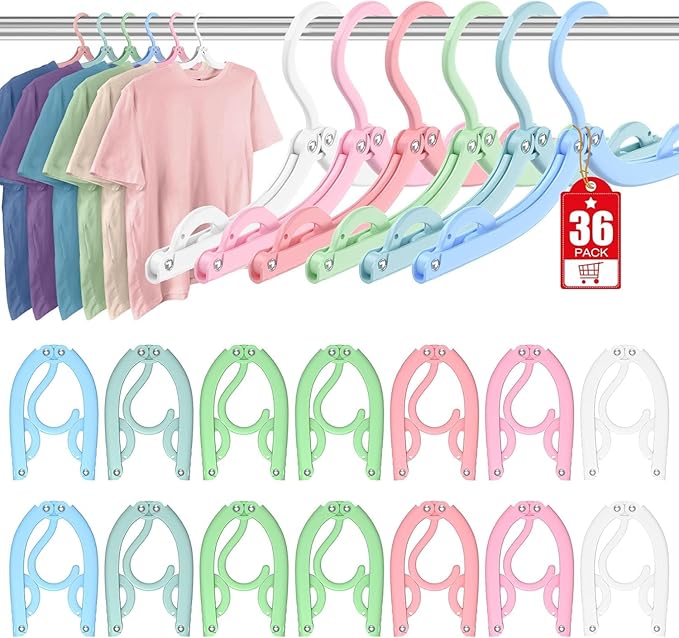 Travel Hangers Portable Foldable Travel Hanger Organizer, Plastic Cruise Ship Accessories Essentials Clothes Hanging Rack Folding Hangers for Traveling Camping Flying RV Suitcase (36, Pastel Multi)