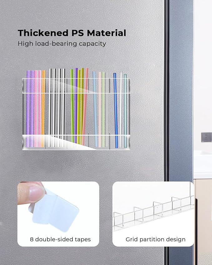 Straw Holder, Straws Organizer, Kitchen Counterware Storage Rack, Features Strong Adhesive Double-Sided Tape, Suitable for Countertops and Cabinets (Transparent)