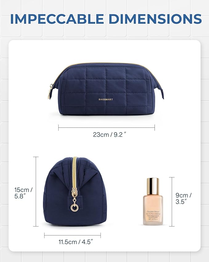 BAGSMART Makeup Bag Travel Toiletry Bag, Puffy Padded Makeup Bags for Women Makeup Organizer Case, Wide-open Pouch Purse Travel Essentials Toiletries Accessories Brushes, Navy Blue
