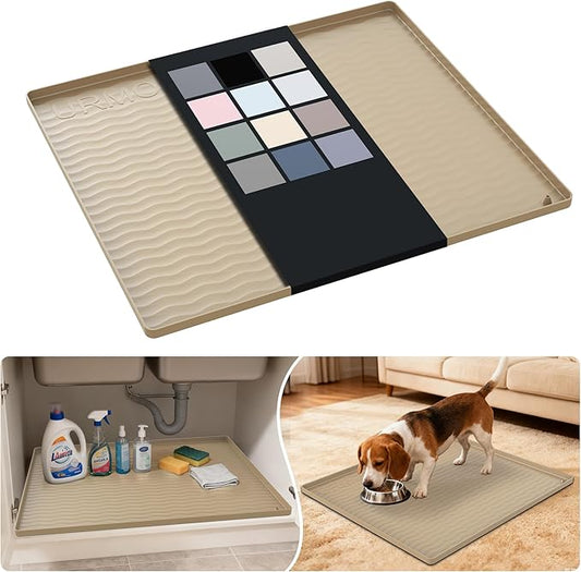 URMONA Waterproof Silicone Under Sink Mat 25'' x 22'' Shelf Liner for Kitchen and Bathroom, Cabinet and Counter Protector, Storage and Organizers, Litter Mat, Pet Cat Puppy Essentials(Khaki)