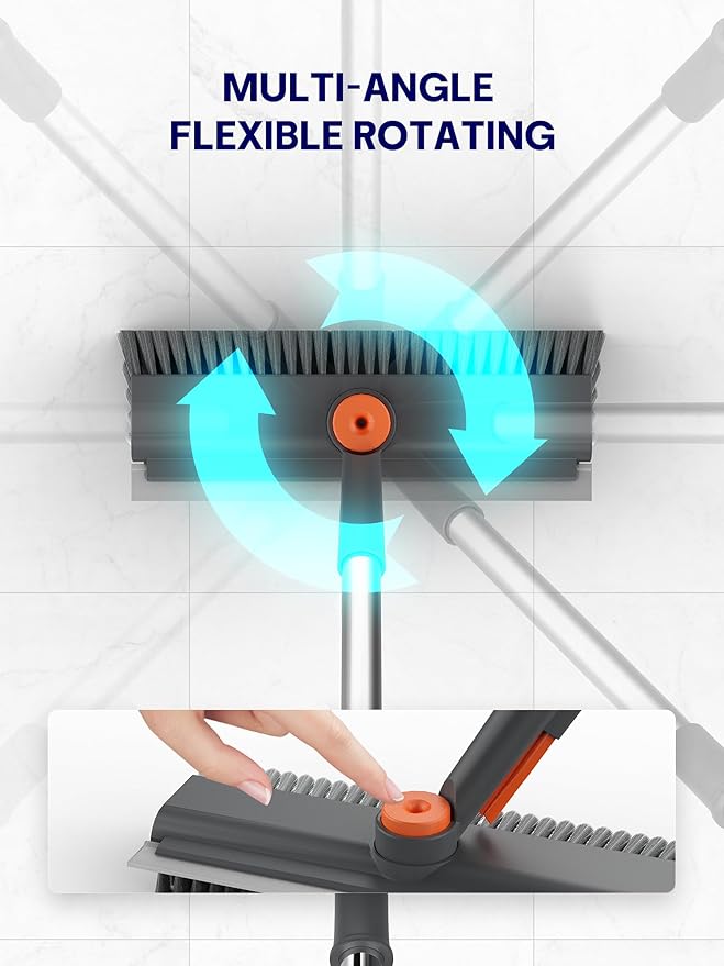 HelpX Floor Scrub Brush with Long Handle, 3 in 1 Multi-angle Swivel Right Angled Bristle Floor Scrubber Brush with Squeegee and Tweezer for Cleaning Tile Wall Deck Bathroom Patio Garage Kitchen (Grey)