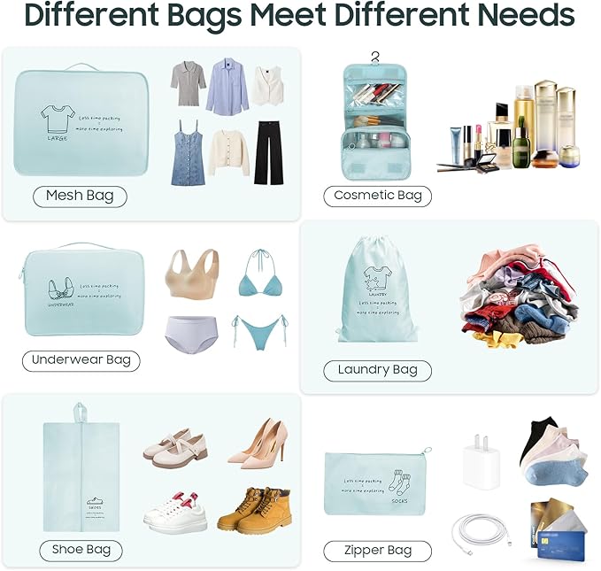 SKYREH 8 Set Travel Packing Organizers - Luggage Organizer for Suitcase Organization with Hanging Toiletry, Shoe & Laundry Bags, Packing Cubes for Travel Essentials, Cute Gifts for Women, Lake Blue