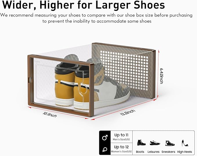 Kuject X-Large Shoe Storage Boxes Organizers for Closet 12 Pack, Fit Size 11, Clear Plastic Stackable Sneaker Containers for Entryway, Space Saving Shoe Rack, Brown