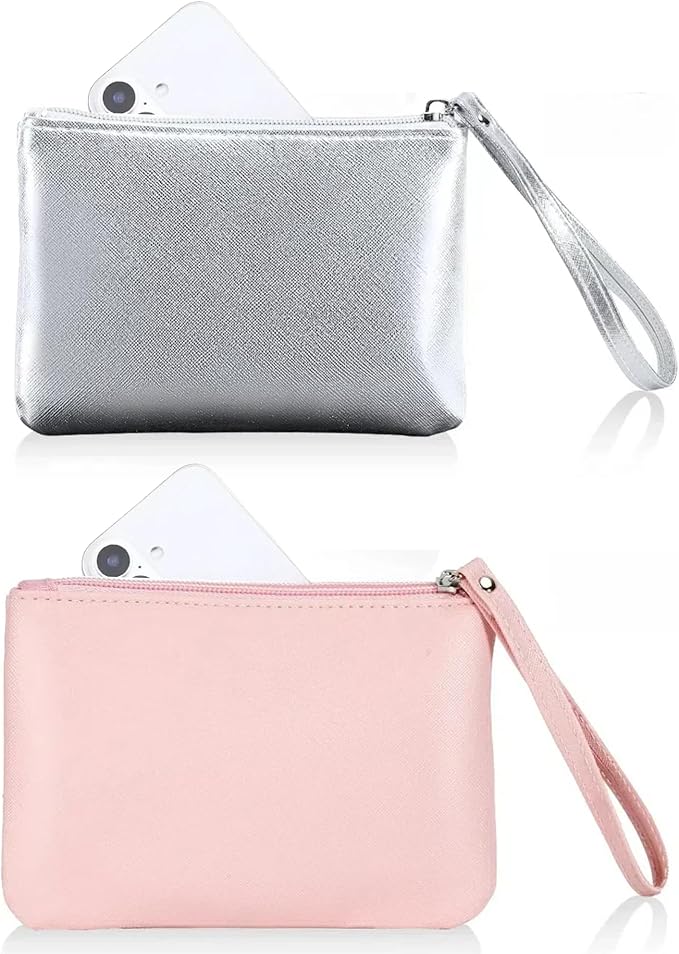 2 Pack Small Zipper Pouch Mini Makeup Bag for Purse Lipstick Cosmetic Travel Make Up Organizer for Women Essentials Feminine Products, Car Change Coin Holder 8x5 Phone Wristlet Wallet, Pink Silver