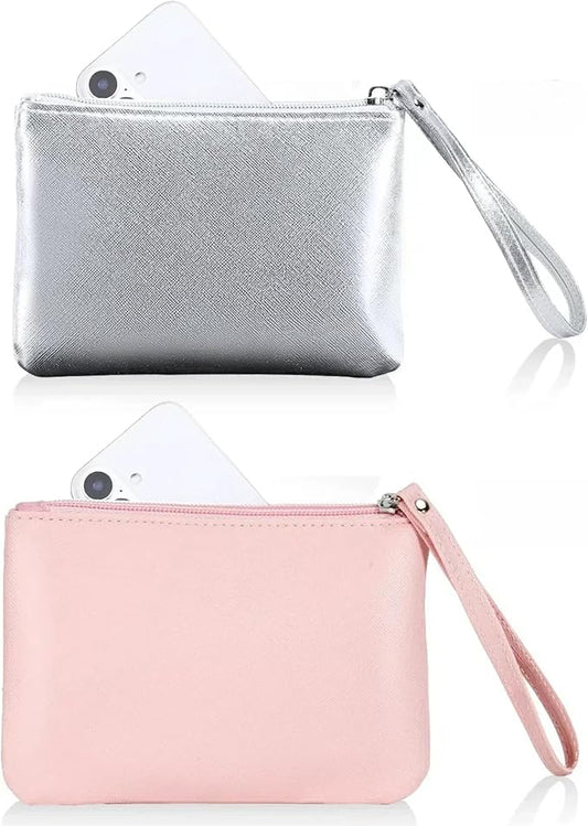 2 Pack Small Zipper Pouch Mini Makeup Bag for Purse Lipstick Cosmetic Travel Make Up Organizer for Women Essentials Feminine Products, Car Change Coin Holder 8x5 Phone Wristlet Wallet, Pink Silver