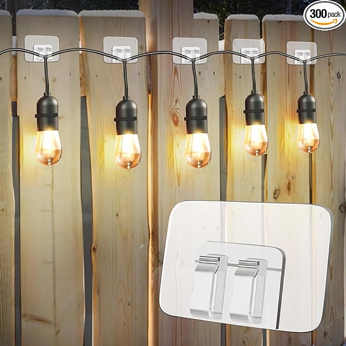 Hooks for Outdoor String Lights Clips: Heavy Duty Cable Clips with Waterproof Adhesive Strips for Hanging Christmas Lights - Outdoor UV-Resistant Clear Sticky Cord Holders Rope Organizer (300)