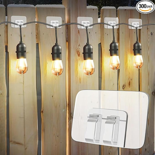 Hooks for Outdoor String Lights Clips: Heavy Duty Cable Clips with Waterproof Adhesive Strips for Hanging Christmas Lights - Outdoor UV-Resistant Clear Sticky Cord Holders Rope Organizer (300)