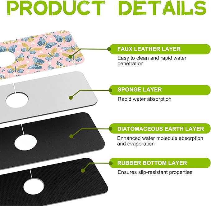 Kitchen Sink Splash Guard Faucet Mat Super Absorbent Fast Drying Mat Guard Behind Faucet Drip Catcher for Kitchen Bathroom (Butterflies and Chamomile, 23.5"X5.5")
