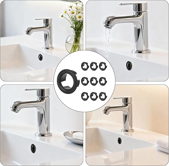 10pcs Sink Overflow Ring, Chrome Plated Bathroom Sink Overflow Trim Ring Cover Drain Hole Insert Cap for Kitchen Bathroom Basin Vanity & Ceramic Sinks (Black)