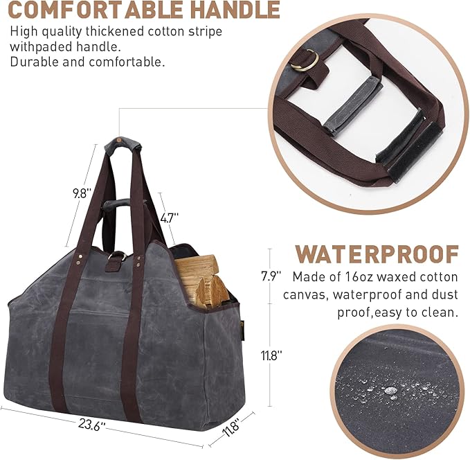 Waxed Canvas Log Carrier Tote Bag, Extra Large Durable Firewood Holder with Handles and Shoulder Strap, Heavy Duty Wood Carrying Bag for Fireplaces Grey