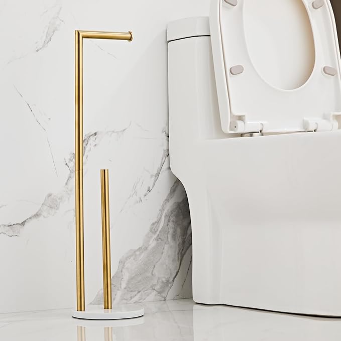 Marble Toilet Paper Holder Stand - Brushed Gold, Freestanding with Storage, Floor Stand, Gold Toilet Roll Holder, Standing Paper Towel Holder
